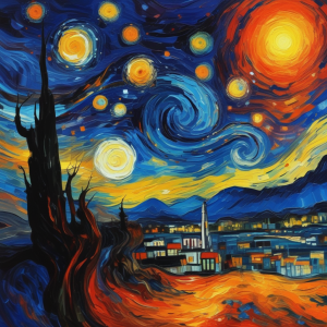 Starlit City Dreams – Expressionist Cosmic Night Landscape — Wall Art | High-Resolution Digital Download